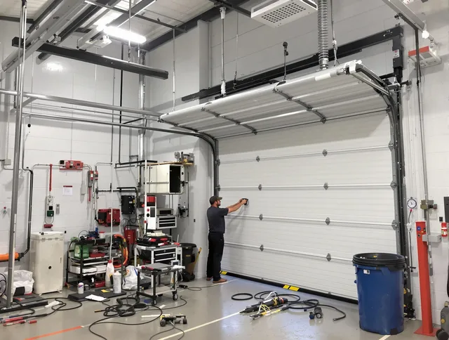 Grove City Garage Door Repair certified technician performing commercial door repair at a Grove City business facility