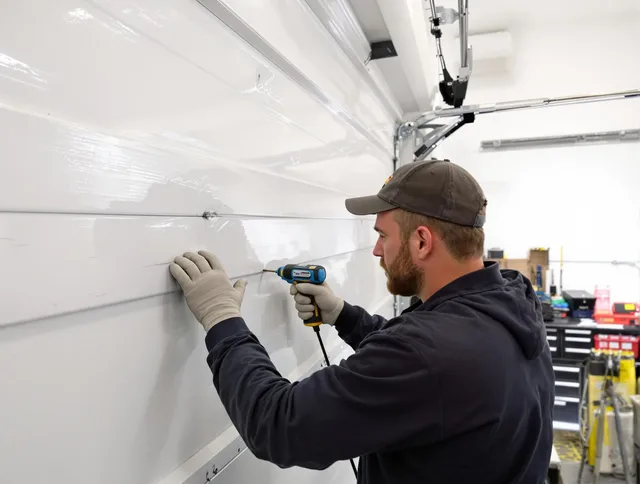 Grove City Garage Door Repair technician demonstrating precision dent removal techniques on a Grove City garage door