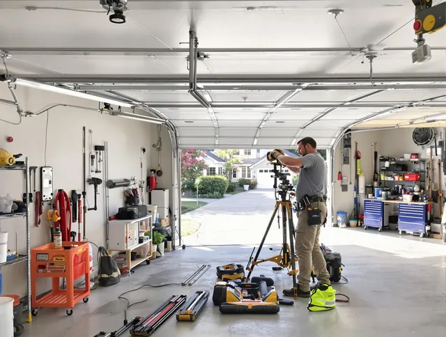 Grove City Garage Door Repair specialist performing laser-guided track alignment in Grove City